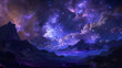Beautiful fantasy starry night sky, blue and purple colorful, galaxy and aurora. Starry night sky over a calm lake
