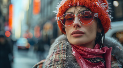 Wall Mural - Street fashion portrait of young woman in winter. Red hat and glasses.