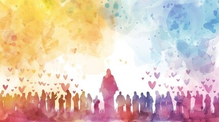 Wall Mural - Illustration of Silhouette of Jesus and His Followers Filled with Loves