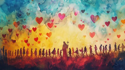 Wall Mural - Illustration of Silhouette of Jesus and His Followers Filled with Loves