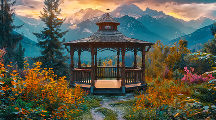 Wall Mural - Sunrise Over Alpine Peaks, Majestic Mountain Landscape with Snow and Forest in Shangri-La