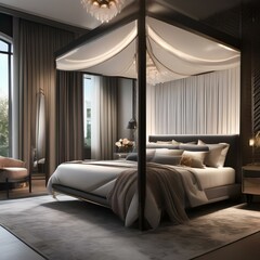 Wall Mural - A chic bedroom with a canopy bed, plush rug, and mirrored furniture1