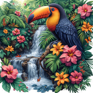 Illustration clipart watercolor rainforest with waterfall and flowers with toucan