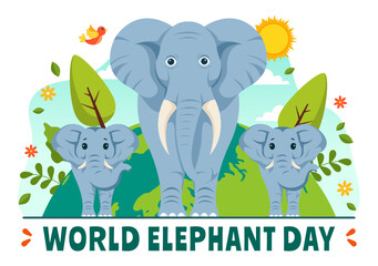 Wall Mural - Happy World Elephant Day Vector Illustration on 12 August with Elephants Animals for Salvation Efforts and Conservation in Flat Cartoon Background