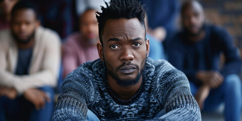 A black man with short hair and a beard, wearing jeans and a sweater, is sitting in the center of a therapy group looking sad.
