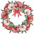 the wreath is made of red and pink carnations, green leaves, generative AI