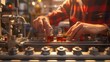 Hands of a technician finely tuning controls on a bottling machine, emphasizing sharp focus on the intricate adjustments