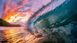 Surfing ocean wave at sunset time. Blue ocean wave with beautiful sky