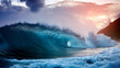 Blue ocean wave with white foam at sunset