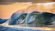 Surfing ocean wave at sunset. Ocean wave breaking down 