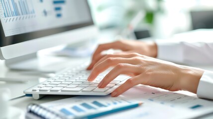 A close-up of a female accountant's hands typing on a keyboard while working on spreadsheets and analyzing data. 