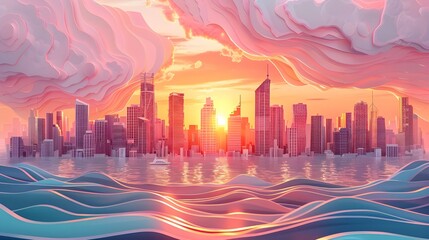 Canvas Print - gold coast skyline at sunset landscape. 3d paper craft view, watercolor painting of historic citysca