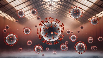 Wall Mural - Realistic depiction of many viruses suspended in the air. The scene reveals the microscopic nature of viruses, with individual viral particles floating in the air. microbiology, medicine, concept