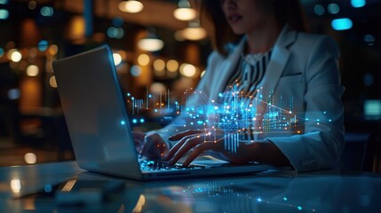 Poster - Businesswoman working on a laptop computer to document management online documentation database digital file storage system software records keeping database technology file access doc sharing.