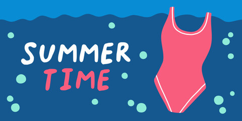 Wall Mural - Summer sale template with text Summer time. Banner, poster with summer swimsuit. Advertising, sale banner isolated