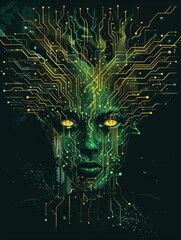 Wall Mural - A woman's face is made of computer circuitry
