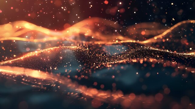 Abstract digital landscape with flowing particles. Cyber or technology background