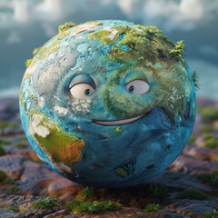 A cartoonish face is drawn on a blue globe, with a smile and eyes