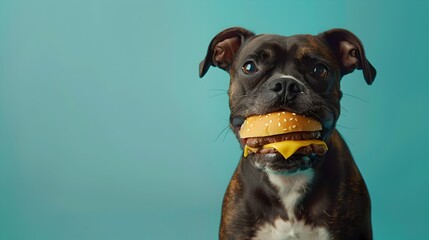 Playful Canine Indulging in Surreal Cheeseburger Delight on Vibrant Background with copy space for text