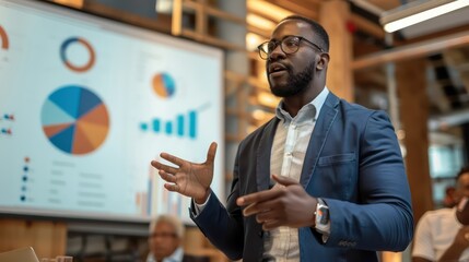 Wall Mural - A confident black accountant giving a presentation to a diverse audience, sharing insights on tax planning and financial management. 