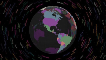 Poster - Rotating globe. Dark translucent globe with round geographical names text. Amazing spinning planet. Awesome animation.