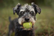 Cute small dog holding yellow tennis ball in mouth