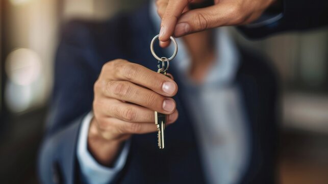  real estate agent happily handing over the keys to a new homeowner, 