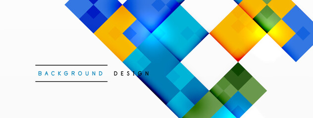Poster - A vibrant and colorful background featuring an intricate geometric pattern of squares and triangles in azure, aqua, and various tints and shades, creating a symmetrical art piece on a white backdrop