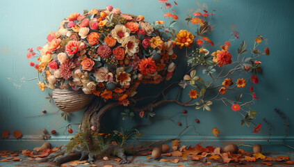 Wall Mural - A tree made of flowers, leaves and nuts with an orange color palette. Created with Ai
