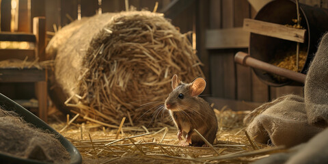 Wall Mural - animals farm, A pet mouse inside its cage, engaged in typical behaviors such as grooming, eating, or playing with toys