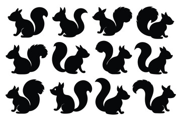 Set of squirrel black Silhouette Design with white Background and Vector Illustration