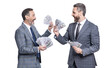 successful business men hold money dollar isolated on white. successful salary negotiation. two businessmen counting money. business success and profit. businessmen increase salary. Money supply
