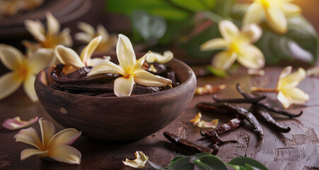 Wall Mural - A bowl of vanilla beans with spring flowers, including almond blossoms and white camellias, sits on an old wooden table