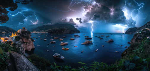 Wall Mural - A breathtaking view of Capri, Italy during an intense lightning storm with multiple bolts illuminating the night sky over sea and boats.