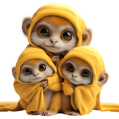 Wall Mural - A 3D animated cartoon render of a protective squirrel monkey shielding its family.