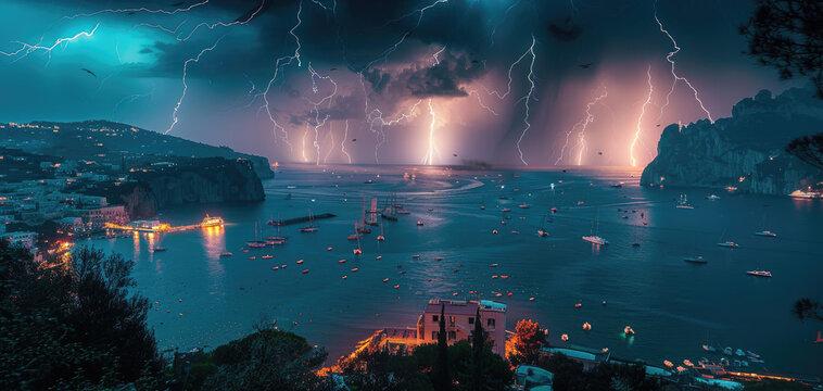 A breathtaking view of Capri, Italy during an intense lightning storm with multiple bolts illuminating the night sky over sea and boats.