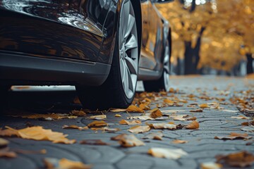 a close up of a clean car lower part with leaves on the ground