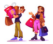 Buyer character after shopping in mall. Happy woman shopper with supermarket bag. Family illustration set as consumer carrying package and purchase gift in market. Excited guy hold bags isolated