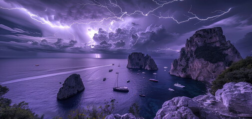 Wall Mural - A breathtaking view of Capri, Italy during an intense lightning storm with multiple bolts illuminating the night sky over sea and boats.