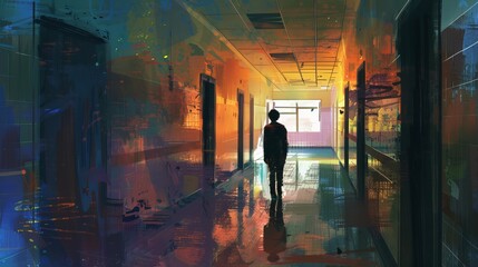 Wall Mural - Lonely Boy in Empty School Hallway - Digital Art Design, Generative AI