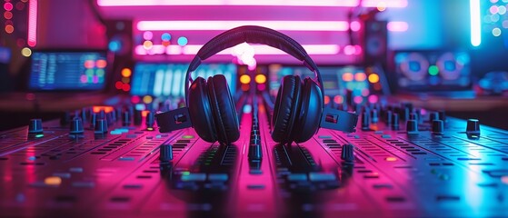 DJ station at a club party with headphones and detailed sound mixing equipment