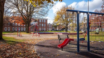 Wall Mural - Vibrant School Playground with Swings, Slides, and Basketball Court, Inviting Kids to Play and Explore