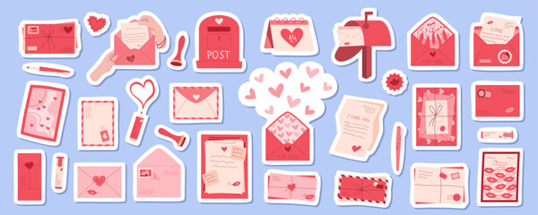 Modern romantic postcard and mail sticker set, flat hands hold cute envelope, trendy handmade letter for poster, banner or background, modern love post card design with heart, lips and kiss