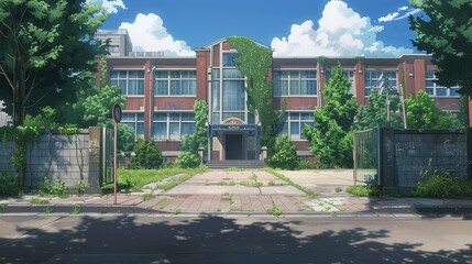 Wall Mural - Charming Anime School Building Alongside Sunny Sidewalk - Vibrant Illustration
