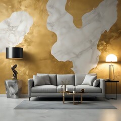 Wall Mural - Glossy golden and black marble mix wallpaper, modern living room with sofa