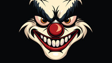 Evil Clown Face Showing Menacing Smile Teeth Sharp Fierce Expression Scary Makeup. Horror Themed Graphic, Clown Horror Face Red Nose White Paint Dark Background. Sinister Illustration Creepy