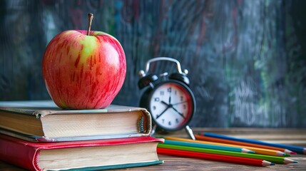 Wall Mural - Back to School: Stack of Books with Apple, Pencils, and Alarm Clock - Educational Concept for Students