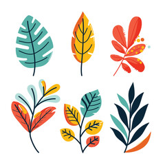 Collection six tropical leaves vibrant colors, decorative foliage design elements. Botanical graphics set stylized leaf shapes, natural elements icons isolated white background. Colorful flora