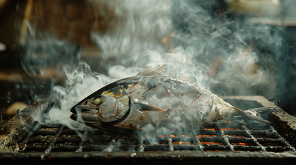 Wall Mural - fresh whole tuna grilled over hot coals with a cloud of smoke enveloping the entire fish, creating a mouth-watering aroma, Ai generated Images