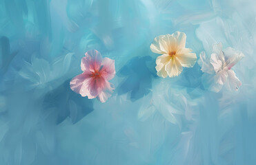 Wall Mural - A few pastel-colored flowers floating on a light blue background